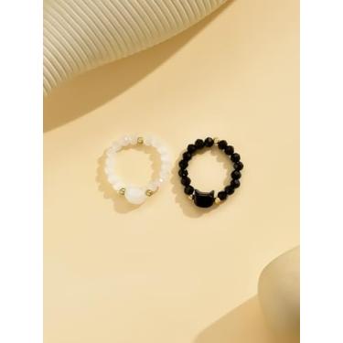 Imagem de Conjunto de 2 anéis femininos com contas de gato – anéis de casal ajustáveis preto e branco, design de gato fofo, joias combinando amizade, presentes