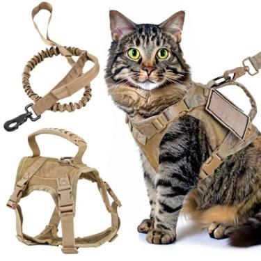 Imagem de Peitoral ajustável para gatos com alça de controle, conjunto de coleira tática, malha macia, cáqui
