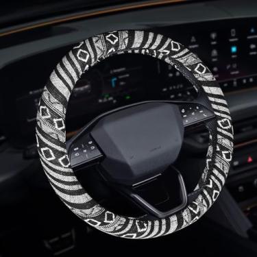 Imagem de HQRNYP Capa de volante Boho feminina, capa protetora estilo hippie de 38 cm com respirável, antiderrapante, absorção de suor, acessórios de carro de pano de linho étnico para SUV Van Truck (E)