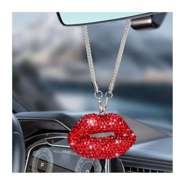 Imagem de MUQIDA Amuleto de espelho retrovisor de carro com lábio brilhante, diamante de lábio, enfeite para pendurar espelho retrovisor, pingente de strass com glitter, decoração de interiores de veículo para