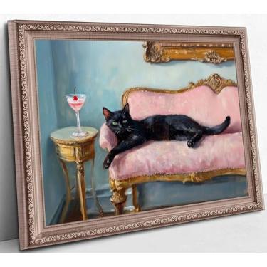Imagem de Arte de parede engraçada de gato preto com cereja cosmo fofa peculiar peculiar carrinho de bar de coquetel decoração de parede decoração de bar eclético pôster arte impressa para bar, cozinha, sala de