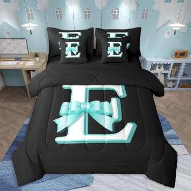 Imagem de jejeloiu Conjunto de edredom solteiro com laço azul Kawaii, para mulheres, adolescentes, 7 peças, letra E, cama em uma bolsa, arte moderna, monograma, decoração de quarto, letra E, macio e leve