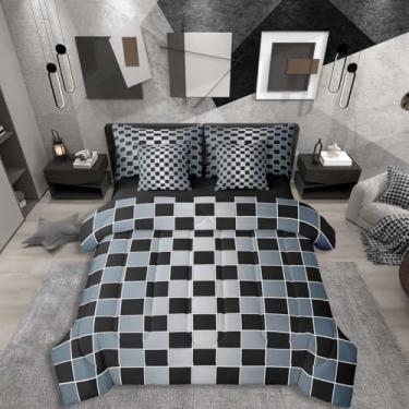 Imagem de Erosebridal Jogo de cama king size xadrez preto em uma bolsa, conjunto de 7 peças, azul acinzentado, ombré, com lençol de búfalo, quadriculado, para crianças e adultos, conjunto de cama de guingão