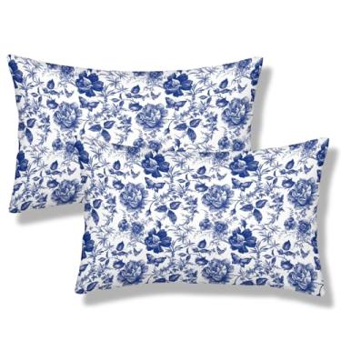 Imagem de NOCTILYRA Capas de almofada floral de porcelana azul e branca 30 x 50 conjunto de 2 fronhas de pelúcia curtas chinoiserie vintage borboleta retangular fronhas decorativas para sofá-cama