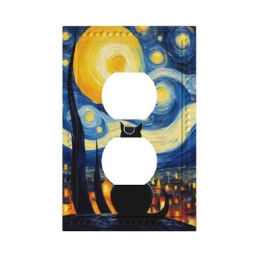 Imagem de HLCoChT O interruptor de luz de arte decorativa cobre o gato sob o céu estrelado 1 Gang Single Duplex Outlet Wall Plate Switchplate Electrical Faceplate