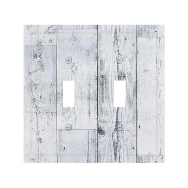 Imagem de Nadoabtm Placas de interruptor decorativas vintage cinza branco grão de madeira 2 gangues interruptor duplo interruptor de luz placa de parede placa elétrica para decoração de banheiro de fazenda