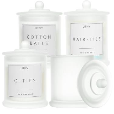 Imagem de LITIVY Pacote com 4 organizadores e armazenamento de banheiro – Suporte de vidro de 473 ml e dispensador de almofada de algodão com tampa, frascos de boticário para casa, decoração de quarto