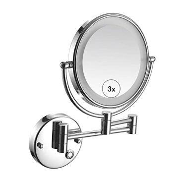 Imagem de Espelho de maquiagem iluminado LED para montagem na parede ampliação 3X dupla face, espelho giratório de 360° espelho de extensão de cosméticos para banheiro 8 polegadas toque, oculto, plugue