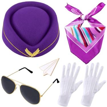 Imagem de Bencailor 6 peças de acessórios de fantasia de comissária de bordo feminina de Natal roupas de aeromoça chapéu de sino cachecol luvas de óculos de sol (roxo)