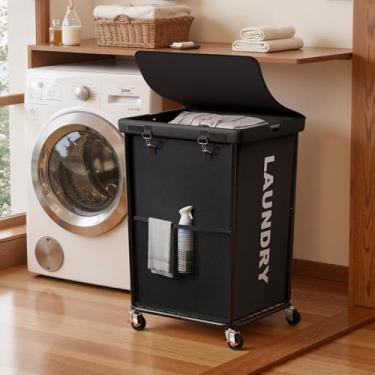 Imagem de Cesto de roupa suja de 160 l com rodas, cesto de roupa suja com capa de pano, carrinho de lavanderia com moldura de metal e bolsa removível, grandes cestos de roupas sujos para quarto estético