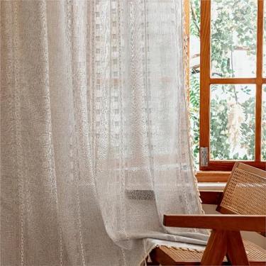 Imagem de Cortinas semitransparentes boho cinza claro 160 cm de comprimento conjunto de 2 painéis para quarto e fazenda, cortinas de privacidade com filtragem de luz boêmia, borlas, cortinas de janela bordadas