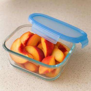 Imagem de Pote Retangular Hermético de Vidro Borossilicato, 370ml, Transparente com Tampa Azul, 15x11x5cm, para Armazenamento de Alimentos