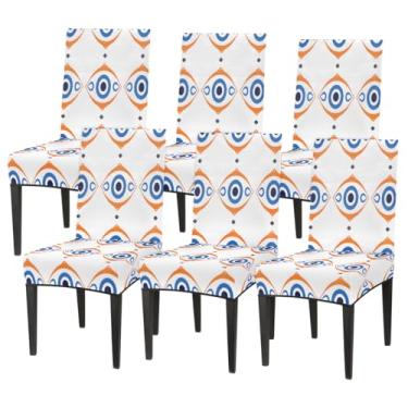 Imagem de hongjinglin Conjunto de 6 capas elásticas para cadeira de sala de jantar, capa protetora de assento de cadeira, olho demônio, azul, lavável, removível, para cozinha, casa, hotel, banquete, festa de