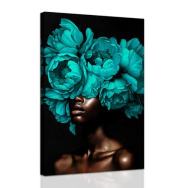 Imagem de ZXHYWYM Arte de parede afro-americana pintura azul-petróleo flor flor na cabeça de mulheres negras impressões em tela imagens de retrato de menina africana emoldurada moderna decoração de casa (40,6