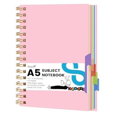 Imagem de Koogel Caderno espiral com abas, caderno espiral de 5 assuntos, pautado para faculdade, com divisórias removíveis, 200 páginas, diários forrados para mulheres, anotações, trabalho, escola, presentes