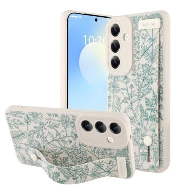 Imagem de OOK Capa de telefone de silicone compatível com Samsung Galaxy S25FE 5G com alça, estampa floral fofa para mulheres e meninas, alça de dedo ajustável, capa protetora fina, flor de sálvia branca