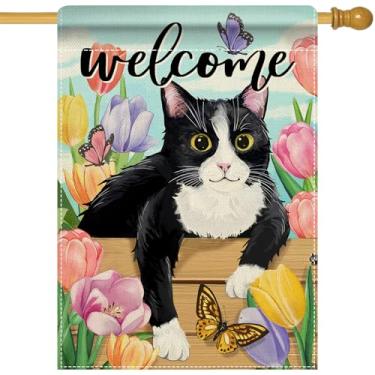 Imagem de Artofy Bem-vindo primavera verão smoking gato grande decorativo casa bandeira, tulipa flor borboleta jardim jardim decoração exterior dono de animal de estimação presente amante, sazonal floral
