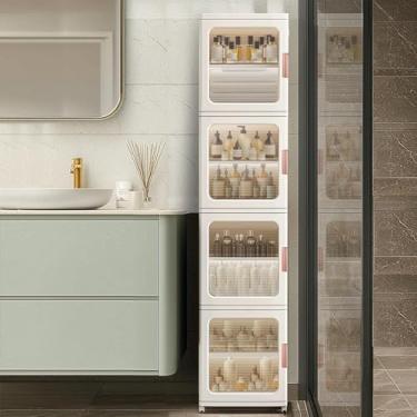 Imagem de Lacusmall Armário de armazenamento estreito alto expandido com portas transparentes e rodas móveis, caixa de armazenamento dobrável de plástico para espaço pequeno, banheiro, cozinha (4 camadas,
