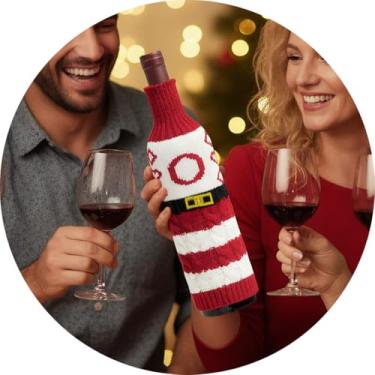 Imagem de Capa de garrafa de vinho, decoração de mesa de Natal divertida para festas de fim de ano, manga de vinho de malha para troca de presentes, decoração de casa