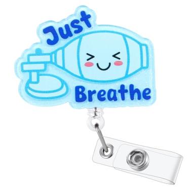 Imagem de Just Breathe Carretel de crachá de enfermeira nebulizador engraçado, bonito suporte retrátil para cartão de identificação de terapia respiratória RT médico, crachá de nome Buddy para RN CNA LPN Pulm