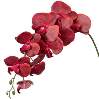 Imagem de Orquídea sintética de toque real de 94 cm de baixa manutenção, 9 flores, haste única, 2 peças de spray artificial para decoração de casa, casamento, escritório (vermelho)