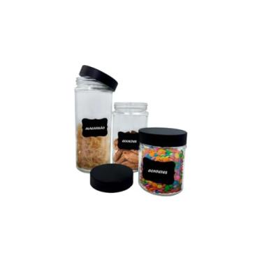 Imagem de Conjunto 3 Potes de Vidro com Tampa de Ferro e Adesivo Lousa, Preto, Transparente, 360ml/560ml/810ml, Organizador para Cozinha