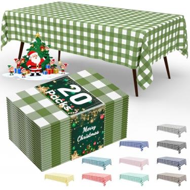 Imagem de Smiry 20 pacotes de toalhas de mesa descartáveis guingão, toalha de mesa de plástico impermeável, 137 x 272 cm, capas de mesa quadriculadas retangulares verdes e brancas para piquenique, aniversário