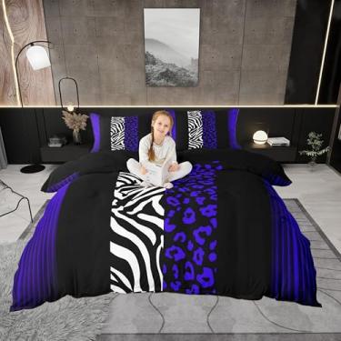 Imagem de Castle Fairy Capa de edredom queen de leopardo e zebra, azul ombré, preto, com 2 fronhas, estampa de animais selvagens, conjunto de cama decorativo respirável, edredom não incluído
