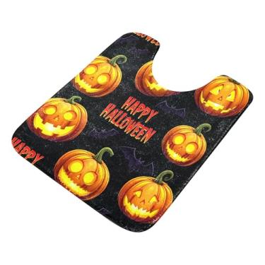 Imagem de Burbuja Tapete de banheiro Pumpkins Spooky Faces, tapete de banho absorvente de pelúcia macio, base antiderrapante para piso de banheiro, oval em forma de U
