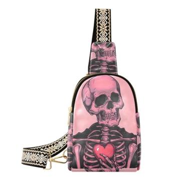 Imagem de CEBUGI Bolsa tiracolo feminina com corações de caveira pequena de couro, bolsa de peito para caminhadas, viagens ao ar livre