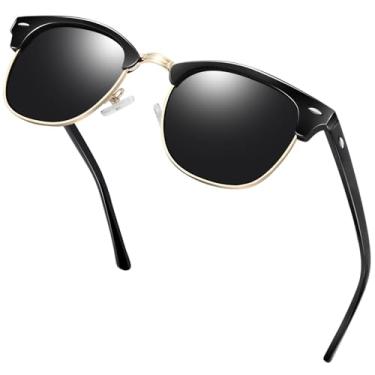Imagem de KANASTAL Óculos de Sol Pretos Feminino Polarizado Proteção UV400 Oculos Escuro Masculino Meia Armação Quadrado Dourado Clássico Retro Elegante Vintage Black Sunglasses -Preto Brilhante