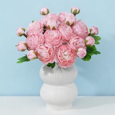 Imagem de Wenhuidr 10 peças de flores artificiais de peônias de 20 cabeças, flores de ranúnculo de seda artificial realista com hastes dobráveis para buquês de flores centrais de mesa de casa decoração de festa