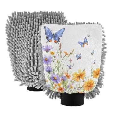 Imagem de STAYTOP Lindas luvas de lavagem de carro com flores silvestres e borboletas da primavera, 2 peças, luvas de microfibra de chenille, sem arranhões, panos de esponja de lavagem ultra absorventes para