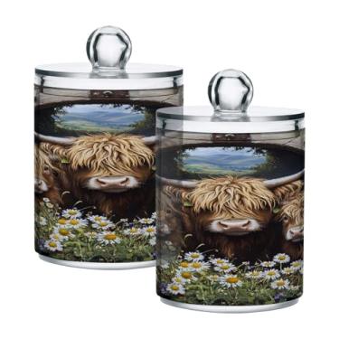 Imagem de STAYTOP 4 frascos fofos de boticário de vaca Highland Cow Qtip para banheiro com etiquetas - Recipiente de armazenamento Qtip de plástico transparente para bola de algodão, cotonete, grão de café