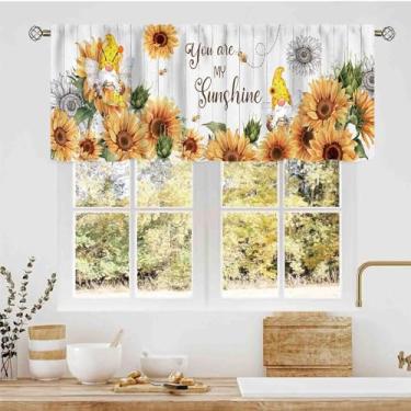 Imagem de Cortinas de girassol para cozinha, fazenda Rusitc Country Gnomo Flores amarelas em madeira Sunshine Rod Pocket Cortinas de janela pequena para café, sala de estar, quarto, banheiro, 137 x 45 cm