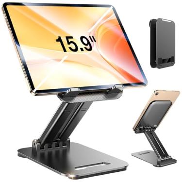 Imagem de Lantazi Suporte de iPad para monitor portátil, suporte de tablet para telefone de mesa, suporte de ipad para extensor de mesa, suporte de mesa de metal ajustável de haste dupla, compatível com suporte