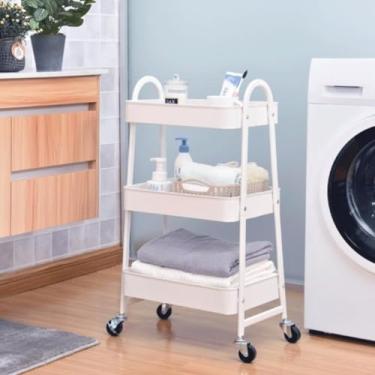 Imagem de Prateleira de Metal Multiuso 3 Andares com Rodinhas, Branco, 77x30x45cm, Capacidade 30kg, Portátil