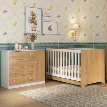 Imagem de Berço Americano 3 em 1 com Cômoda 1 Porta 4 Gavetas Encanto Multimóveis Mp4683 Branco/madeirado