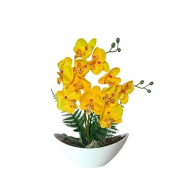 Imagem de Arranjo de Orquídea Artificial em Seda com Vaso Barca, Orquídea Decorativa Realista para Sala, Mesa e Escritório (Amarela)