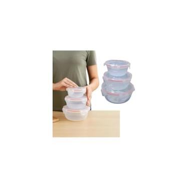 Imagem de Conjunto 3 Potes Herméticos Redondos Multiuso com Tampa, Plástico, Transparente com Detalhe Rosa, 320ml/580ml/1000ml, Empilháveis, Livre de BPA