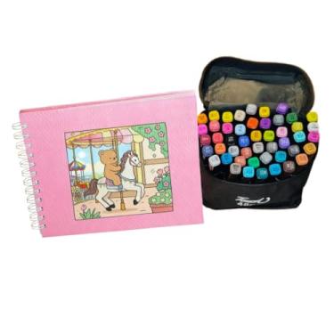 Imagem de Kit Livro Caderno de Colorir Capa Dura Espiral 50 Folhas Rosa com 48 Canetinhas Coloridas Bolsa de Transporte Preta, Ideal para Projetos Artísticos - Relaxamento e Criatividade para Todas as Idades