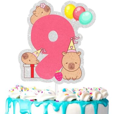 Imagem de Lindo enfeite de bolo capivara infantil 9º animal selvagem temático feliz zoológico, festa de aniversário amante de capivara para meninos e meninas, festa animal, suprimentos de decoração de