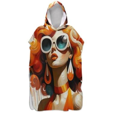 Imagem de Joisal Trocador de poncho de surf para adultos com capuz toalha de praia estampado plus size mulher legal laranja ponchos femininos com capuz
