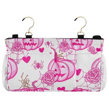 Imagem de TSENQUE Suporte para cama de dormitório, suspenso, abóboras, rosa, Halloween, bolsos para cama, porta-revistas de cabeceira