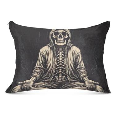 Imagem de Capa de almofada de flanela de caveira branca meditativa fronha decorativa King Queen padrão fronha de cama estampada, tamanho Queen, 50,8 cm x 76,2 cm