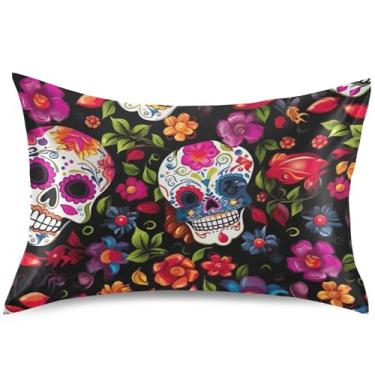 Imagem de Capas de almofada de cetim floral de caveira de açúcar, capa de travesseiro padrão King Queen, linda almofada refrescante para cama macia, tamanho Queen, 76 cm x 50 cm
