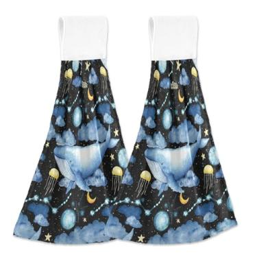 Imagem de Aquarela Baleias Azuis Espaço Noturno Toalhas de Mão Personalizadas Outono com Laços para Pendurar Forno Toalhas de Gravata Macio Absorvente Bonito Toalha de Cozinha Conjunto Decorativo de 2, 45 x 35