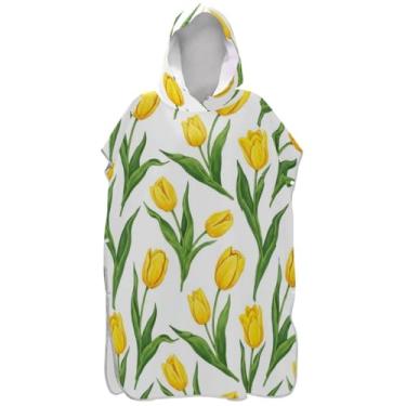 Imagem de Joisal Roupão de mudança de poncho de surfe para adultos toalhas de banho com capuz reutilizáveis homens mulheres poncho com capuz tulipa amarela