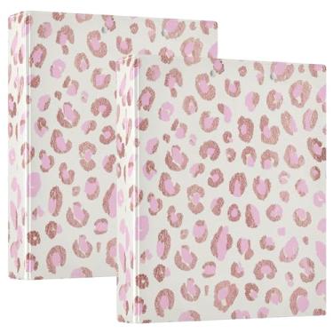 Imagem de Fichários personalizados de 3 anéis de leopardo em ouro rosa rosa de 3 cm comporta 200 folhas, pastas, anel redondo, 31,5 x 27 x 6 cm, pacote com 2