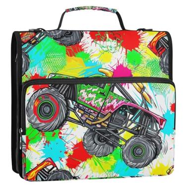 Imagem de Fichários grandes com 3 anéis de 3,8 cm, caminhões monstros coloridos e resistentes, organizador de fichário, pasta de armazenamento com alça de ombro para escola